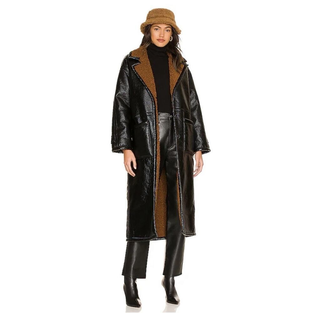 Free People We The Free XL Long Faux Leather Sherpa Coat Black Oversized